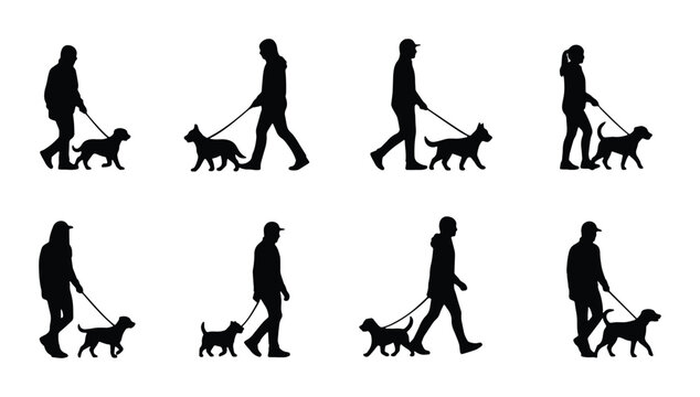 Dog Walking Silhouettes Set: People with Pets on Leashes, Outdoor Activity Icons, Vector Collection