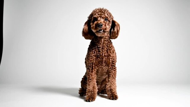 Brown toy poodle sitting on white background.