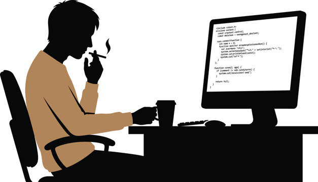 Programmer silhouette vector illustration working at desk on computer screen with code while smoking and drinking coffee