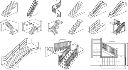 Staircase and escalator architectural technical drawing vector set featuring isometric sketches and blueprint plan views for construction mockups © Manharul