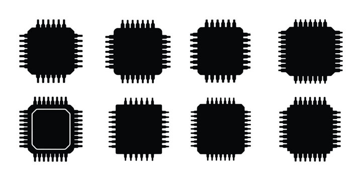 Set of 8 Black Microchip Icons, Computer Processor Symbols, Electronic Component Vector Graphics