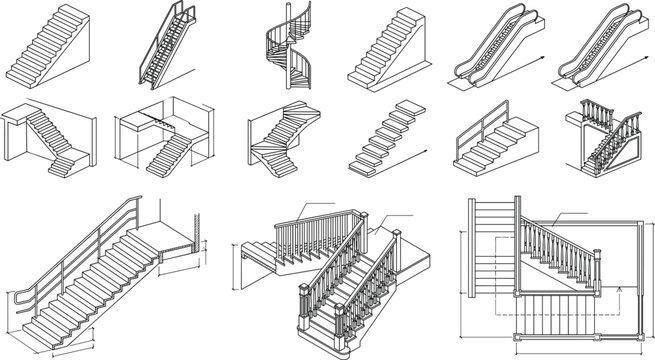 Staircase and escalator architectural technical drawing vector set featuring isometric sketches and blueprint plan views for construction mockups