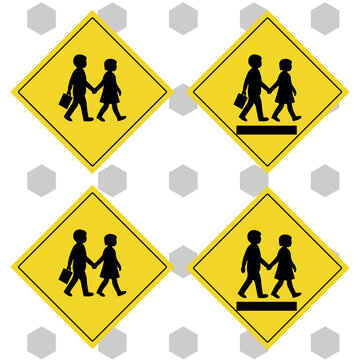 Four yellow school crossing signs with black silhouettes on white background with gray hexagons