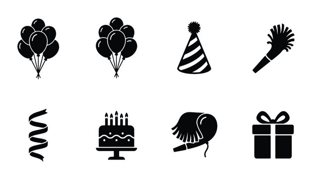 Birthday Party Icons Set: Balloons, Cake, Gift, Hat, Streamer, Noise Maker Vector Graphics for Celebration