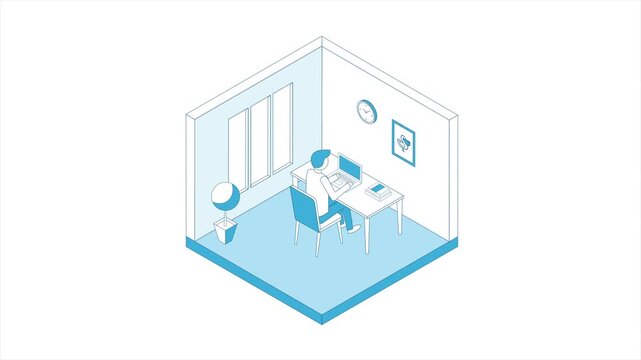 Frelance work isometric concept. Character works remotely from home outline illustration.Man is sitting at a table on a chair.