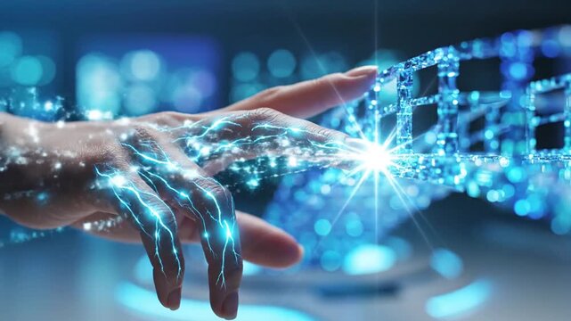 Human hand interacting with digital futuristic network interface