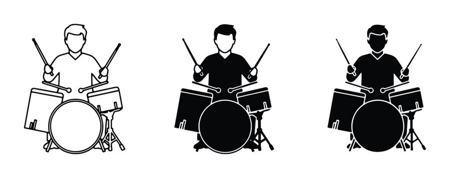 Drummer Icon Set, Musician Playing Drums, Silhouette and Outline Styles, Vector Graphics