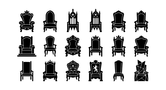 Royal Throne Icons Set, Regal Chairs Collection, King Queen Seat Vector Graphics