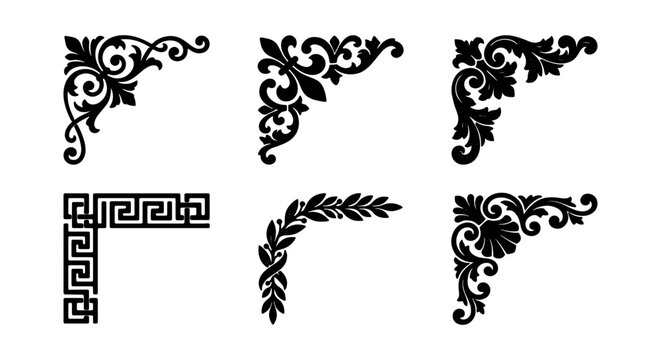 Ornate Corner Flourishes, Decorative Borders, Vintage Scrollwork Elements, Vector Ornaments