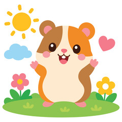 Fototapeta premium Cute cartoon hamster character standing in a sunny meadow with flowers and a heart