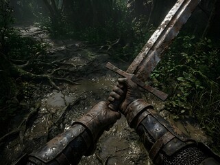 Obraz premium Muddy Sword in Forest: A first-person perspective of a warrior holding a rusty, medieval sword in a dark, overgrown forest. The ground is muddy with exposed roots.