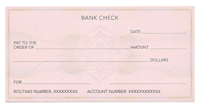 A blank bank check featuring a decorative security design in soft pastels.
