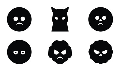 Set of 6 Black Monster Icons, Vector Graphics, Expressing Various Emotions, Simple Flat Design, Graphic Resources © Saif