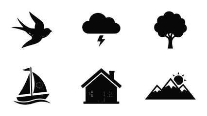 Naklejka premium Nature and Home Icons: Bird, Storm Cloud, Tree, Sailboat, House, Mountain Landscape Set