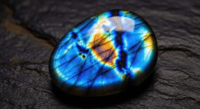 A polished labradorite gemstone displays a brilliant iridescent flash of blue and gold colors against a dark, natural stone background, spiritual, precious, dark