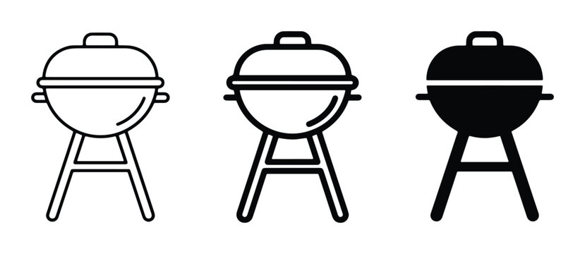 Barbecue Grill Icons Set, Charcoal Kettle Grills, Outdoor Cooking Equipment Vector Graphics