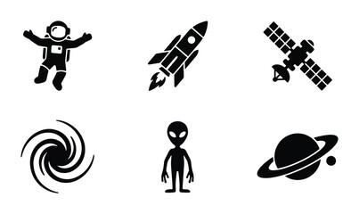 Space Icons: Astronaut, Rocket, Satellite, Black Hole, Alien, Planet Set. Sci-Fi Vector Graphics for Cosmic Exploration Themes. © Jahid
