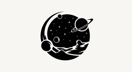Cosmic scene planets and stars in black and white © Surya