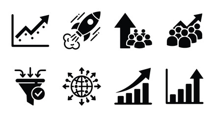 Naklejka premium Business Growth Icons: Rocket Launch, Data Analytics, Teamwork, Global Expansion, Sales Funnel, Performance Charts