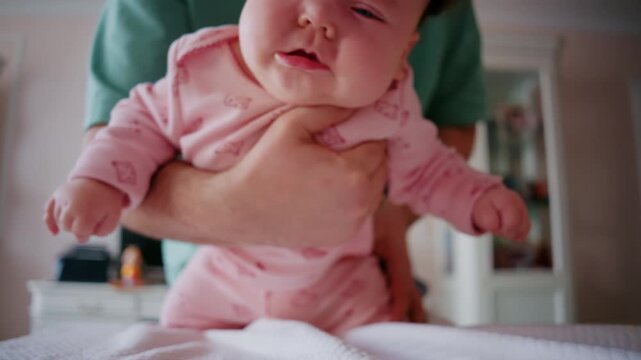 Close up of a baby being gently supported during tummy time on a padded table