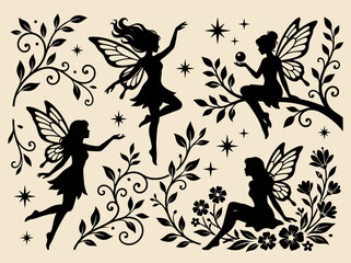 A captivating illustration features beautiful fairies amidst delicate flowers and leaves, symbolizing magic and wonder in nature, reflecting a whimsical and enchanting artistic style. © free
