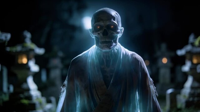 Ghostly spirit in white robe standing at traditional japanese cemetery at night. Scary glowing skeleton undead with evil eyes for halloween mystery horror theme.