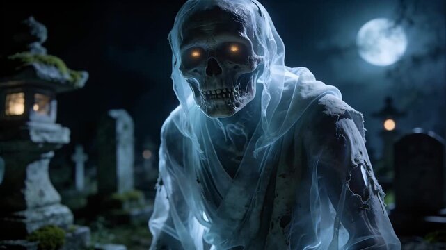 Ghost with glowing eyes standing in graveyard at night. Spooky undead spirit in robe haunting cemetery under full moon during Halloween. Grim supernatural entity.