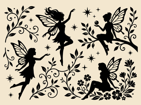 A captivating illustration features beautiful fairies amidst delicate flowers and leaves, symbolizing magic and wonder in nature, reflecting a whimsical and enchanting artistic style.