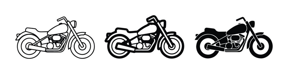 Motorcycle Icons Set, Chopper and Cruiser Styles, Black and White Vector Graphics for Transport and Lifestyle Themes © Nadira