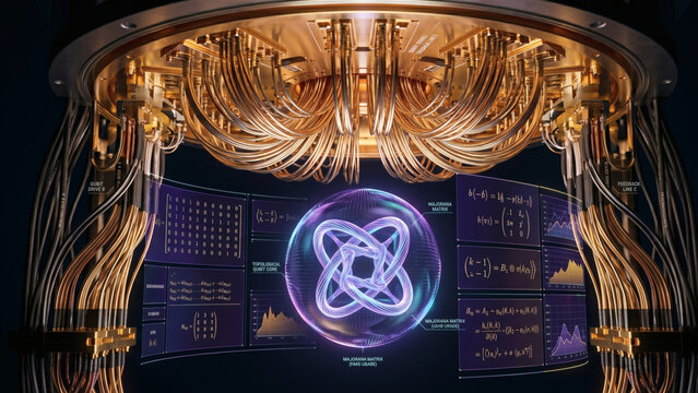 Inside a topological quantum computer cryostat with a glowing qubit core and holographic data matrices