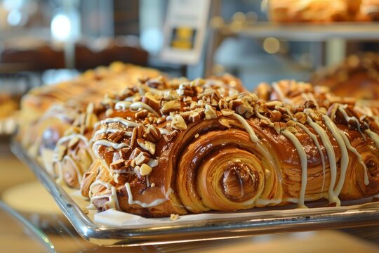 Freshly baked maple pecan pastries enticing customers from a bakery display