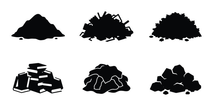 Pile of Waste Materials Vector Icons, Debris and Rubble Collection, Garbage Heap Silhouettes
