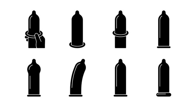 Condom Icons Set, Safe Sex Symbols, Contraception Vector Graphics, Health Awareness