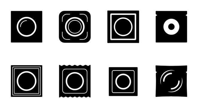 Condom Packaging Icons, Safe Sex Symbols, Health Protection Vector Set