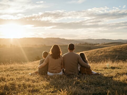 Family of four sitting on a grassy hillside, enjoying a scenic sunset view.
