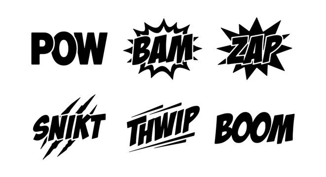 Comic Book Sound Effects, Action Words, Onomatopoeia, POW BAM ZAP SNIKT THWIP BOOM