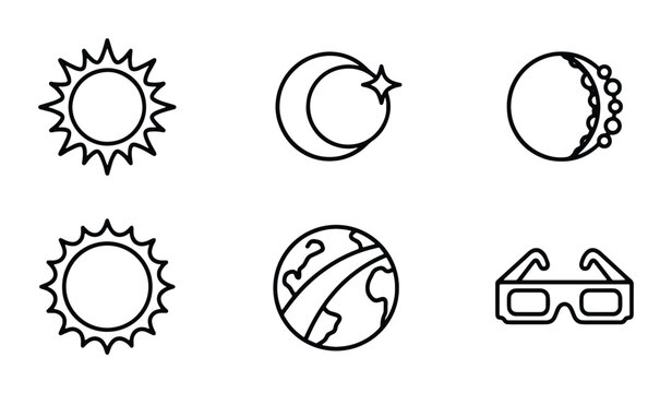 Celestial Icons: Sun, Moon, Earth, Eclipse Glasses, Vector Set for Astronomy and Space Exploration