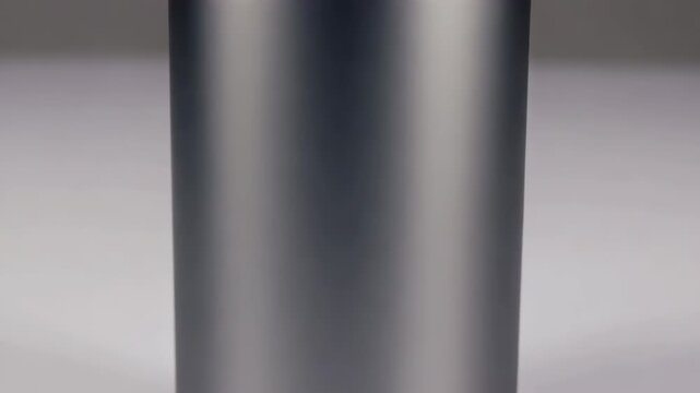 Modern cylindrical lamp with illuminated top surface gradually revealing sleek metallic design and smooth finish, set against a neutral backdrop for clear visibility