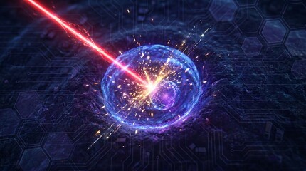 Fototapeta premium A vibrant digital illustration of a glowing blue orb with a red laser beam intersecting it, set against a dark circuit board background.