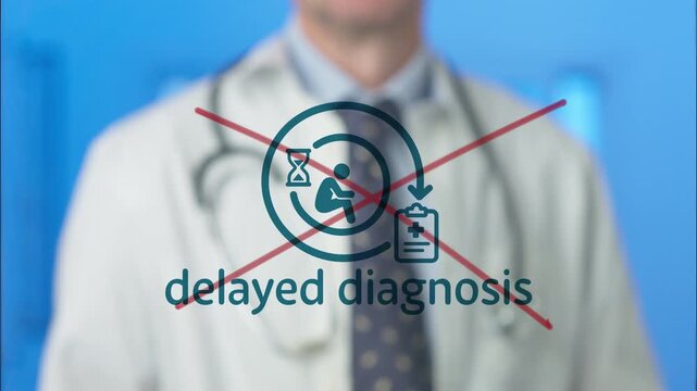 Male doctor in a white coat crossing out the words 'delayed diagnosis' and an icon on a virtual screen, symbolizing the importance of timely medical evaluation and preventing malpractice