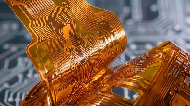 A close-up view of flexible circuit boards with golden pathways on a blurred circuit board background.