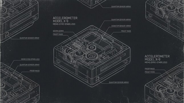 A technical blueprint drawing of an accelerometer device with labeled components on a dark background.