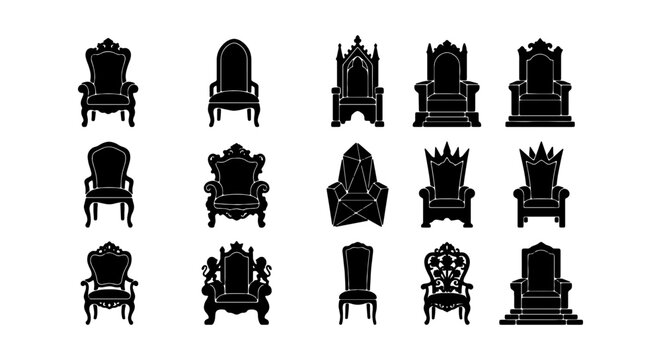 Royal Throne Icons Set, Regal Seating Vector Collection, Majestic Furniture Silhouettes