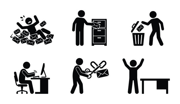 Email Overload Icons: Stress, Filing, Deleting, Working, Cutting, Success Stick Figures Vector Set