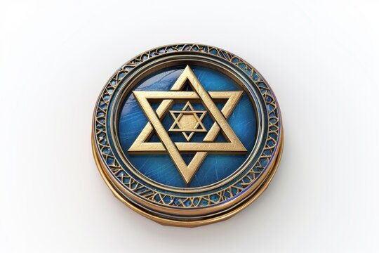 Golden star of david resting on a blue enamel medallion with golden frame, representing jewish identity and heritage