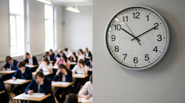 Students taking final school exams while clock ticks on the wall  