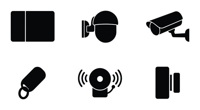 Security Icons Set: Surveillance Cameras, Alarm Bell, Access Control, Vector Graphics for Safety and Protection