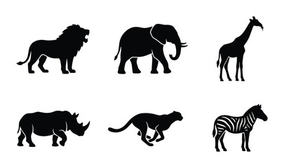 African Wildlife Silhouette Icons: Lion, Elephant, Giraffe, Rhino, Cheetah, Zebra Vector Set © Farhanaz