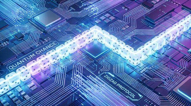 A close-up view of a computer motherboard with a glowing blue circuit board and quantum chance zigzag protocol