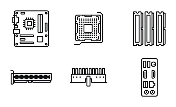 Computer Hardware Icons Set: Motherboard, CPU Socket, RAM Modules, Graphics Card, Connector, Ports